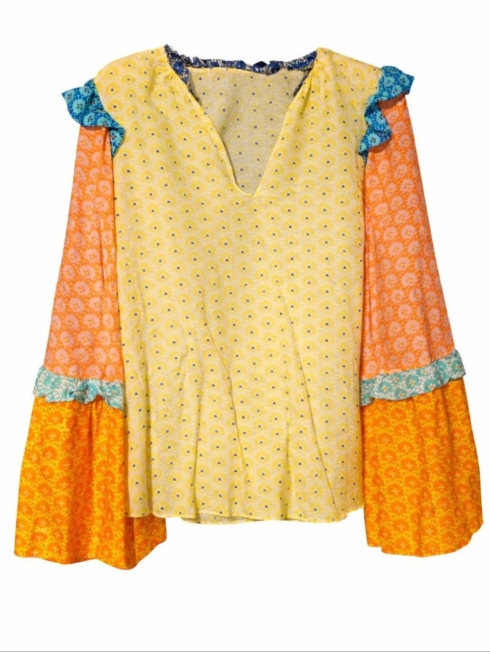 Alice + Olivia Boho Patchwork Bell Sleeve Blouse - Size 4